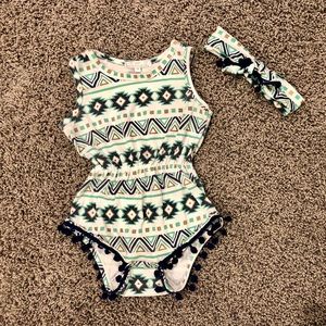 Bailey’s Blossoms One Pieces - Aztec pom pom romper with matching headband Bailey’s Blossoms One Pieces - Aztec pom pom romper with matching headband